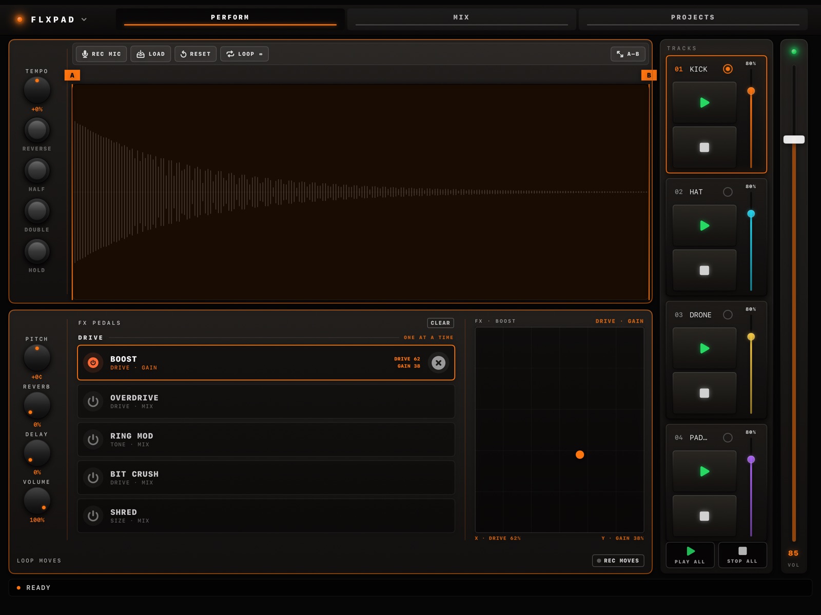 FLXPAD perform view: waveform, FX pedals, touchpad and four tracks