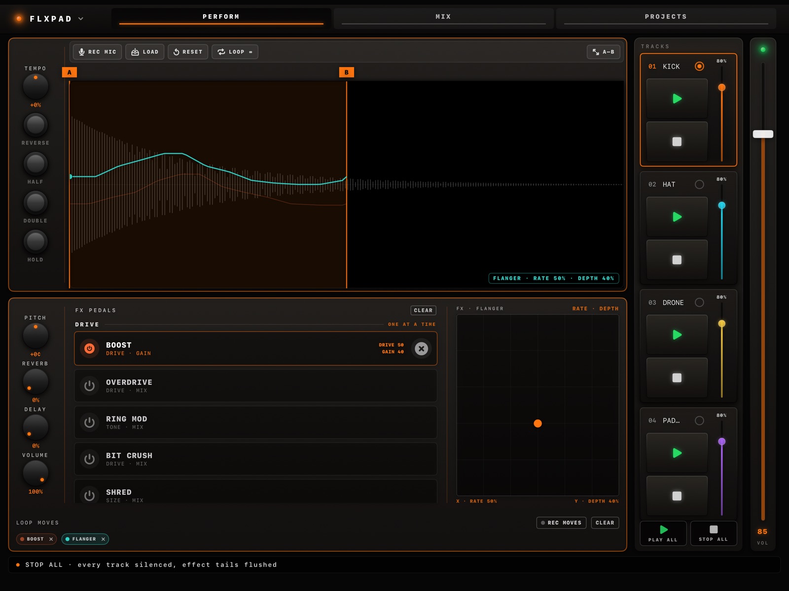 Recorded FX gesture curve drawn over the waveform with the touchpad armed