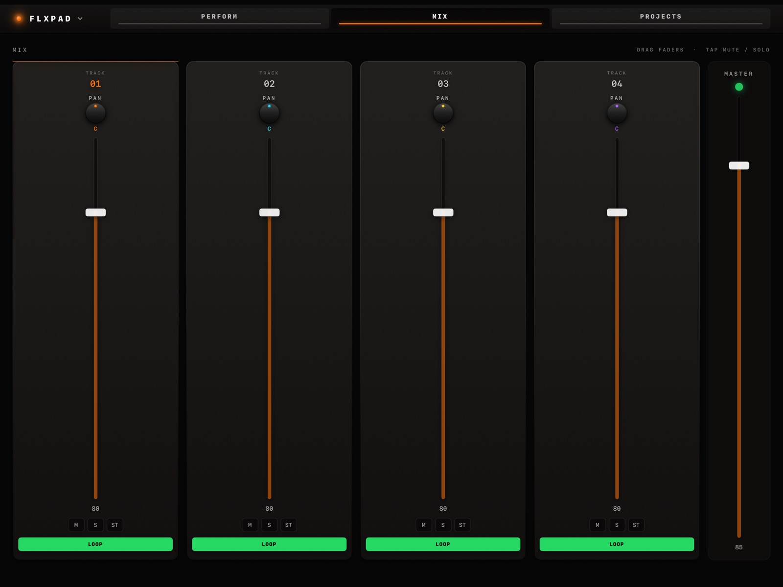 FLXPAD mix view with four faders and master