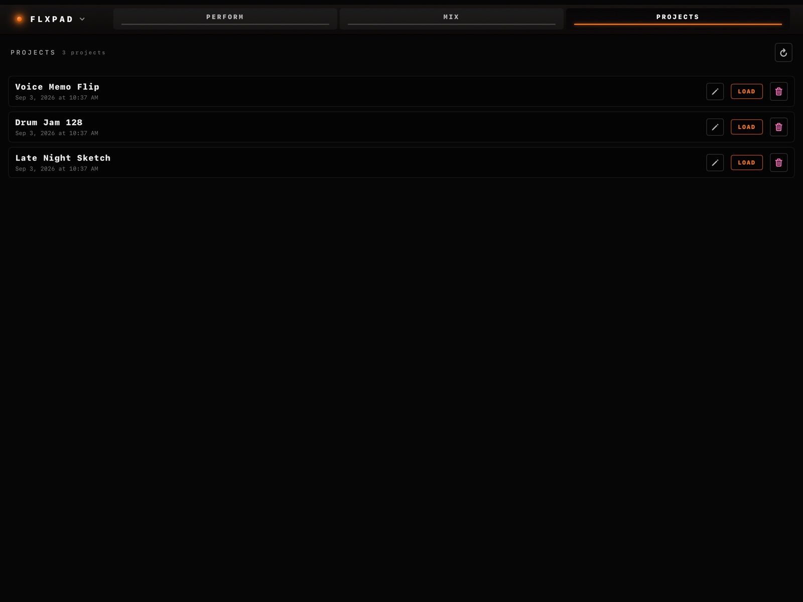 FLXPAD projects view with saved projects